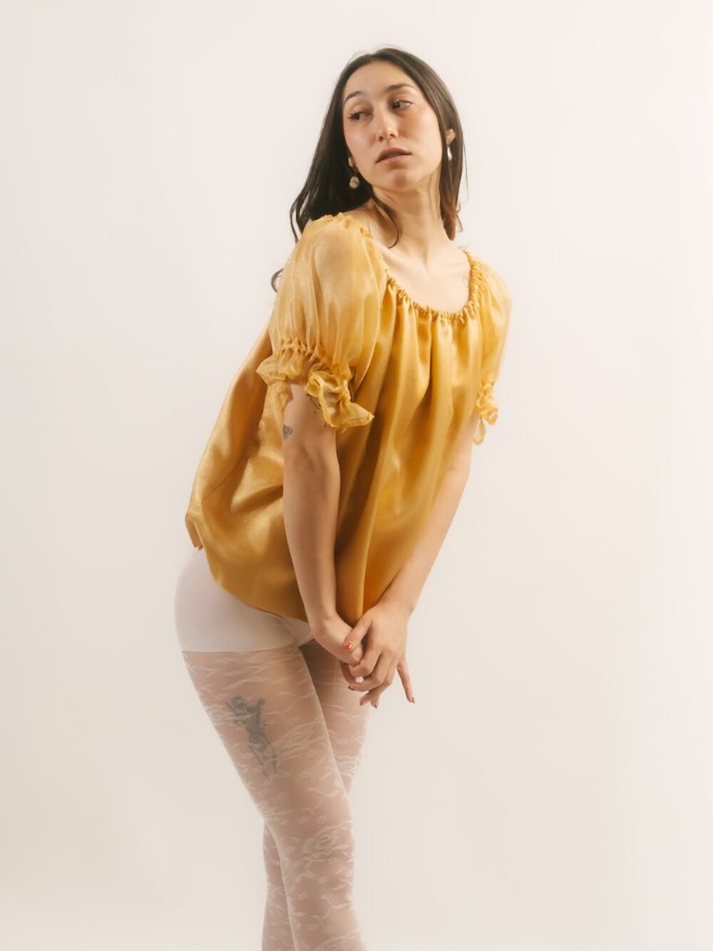 60s Gold Babydoll Top (L) large womens blouse retro puff sleeve princess chic